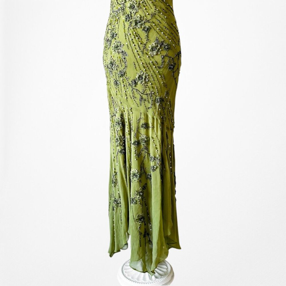 Vintage Y2K Olive Green Floral Beaded Bodycon Prom Shawl Dress Size S - Picture 9 of 17